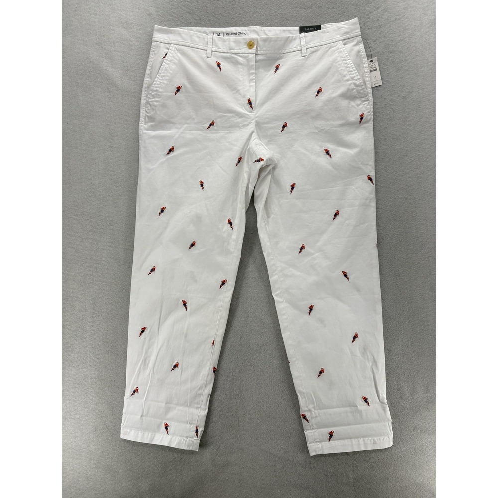Talbots Relaxed Chino Ankle Pants Womens 14 White Parrot Embroidered Twill Print